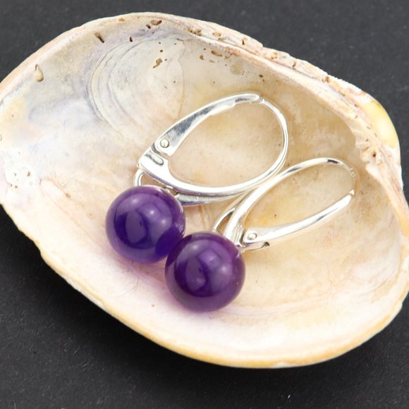 Silver (925) earrings with purple natural amethyst, diameter 8mm - Picture 3 of 12